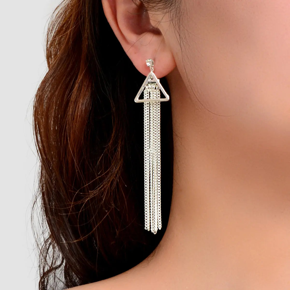 Rhinestone Triangle Silver Tassel Long Chain Drop Dangle Party Stud Earrings Feelontop Jewellery