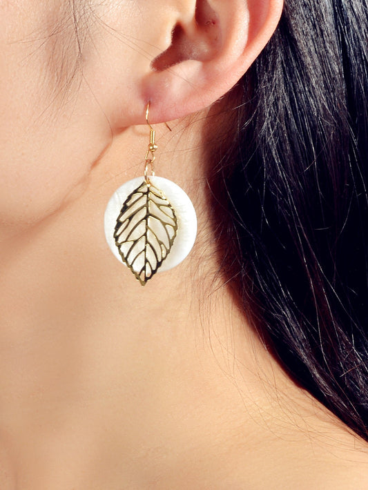 Trendy Gold Leaf White Shell Disc Round Charm Dangle Bho Chic Holiday Earrings Feelontop Jewellery