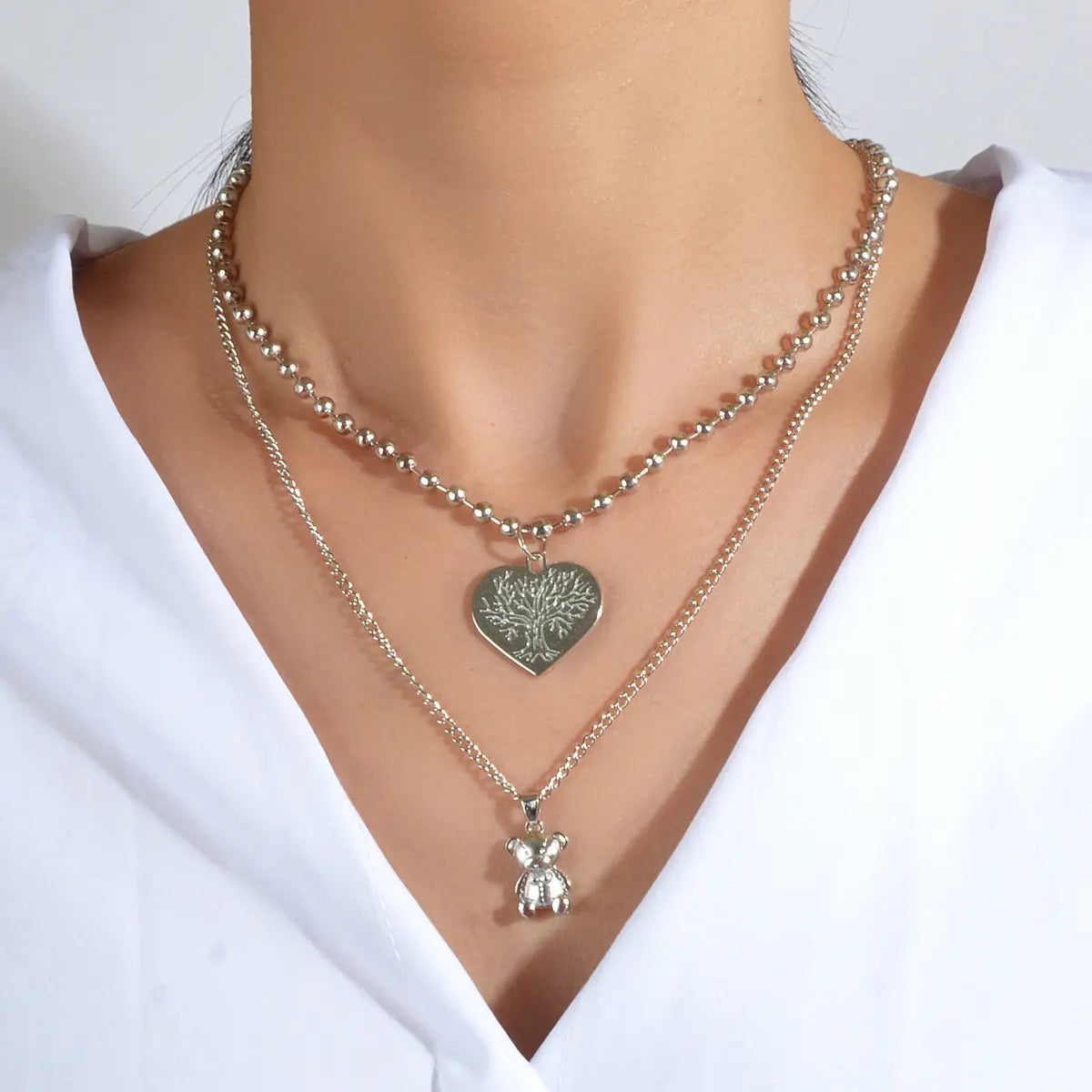 Statement Jewellery Popcorn Double layer Silver Chain Heart Bear Charm Necklace Feelontop Jewellery