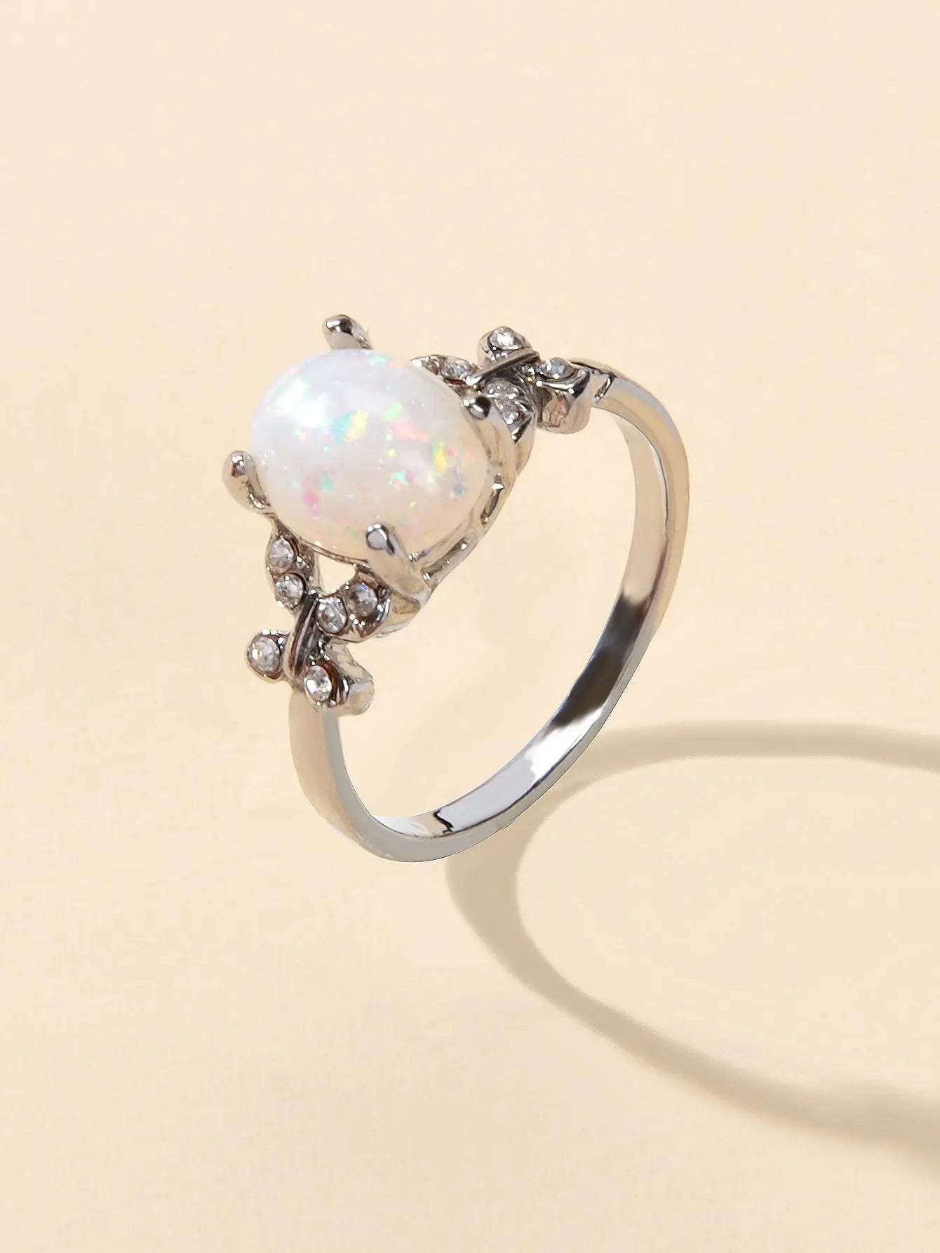 Retro Textured Jewellery Band Rhinestone Simulant Opal Butterfly Wedding Ring Feelontop Jewellery