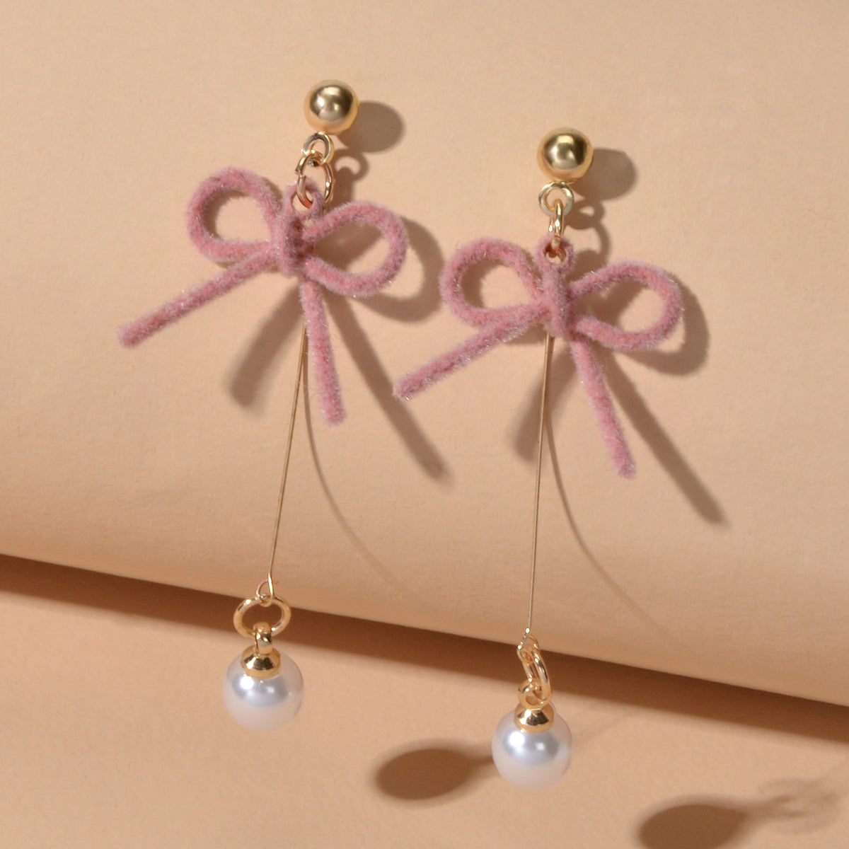 Charming Long Gold Chain Pearl Bowknot Dangle Lightweight Gift Holiday Earrings Feelontop Jewellery