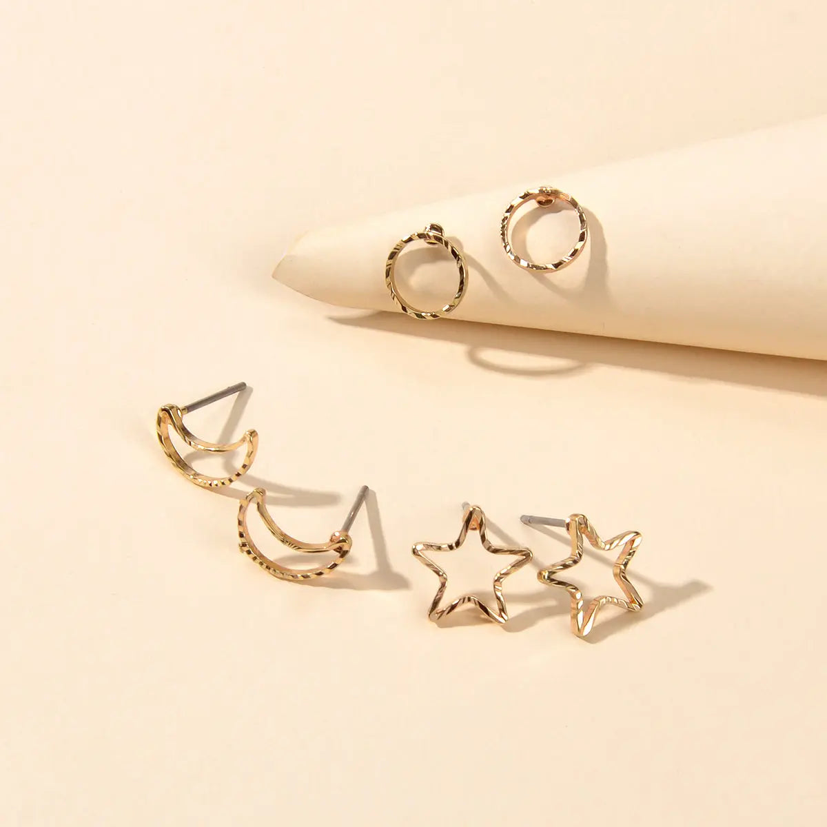3 pairs Minimalist Jewelry Circle Star Moon Trendy Stud Small Earrings for Women Feelontop Jewellery