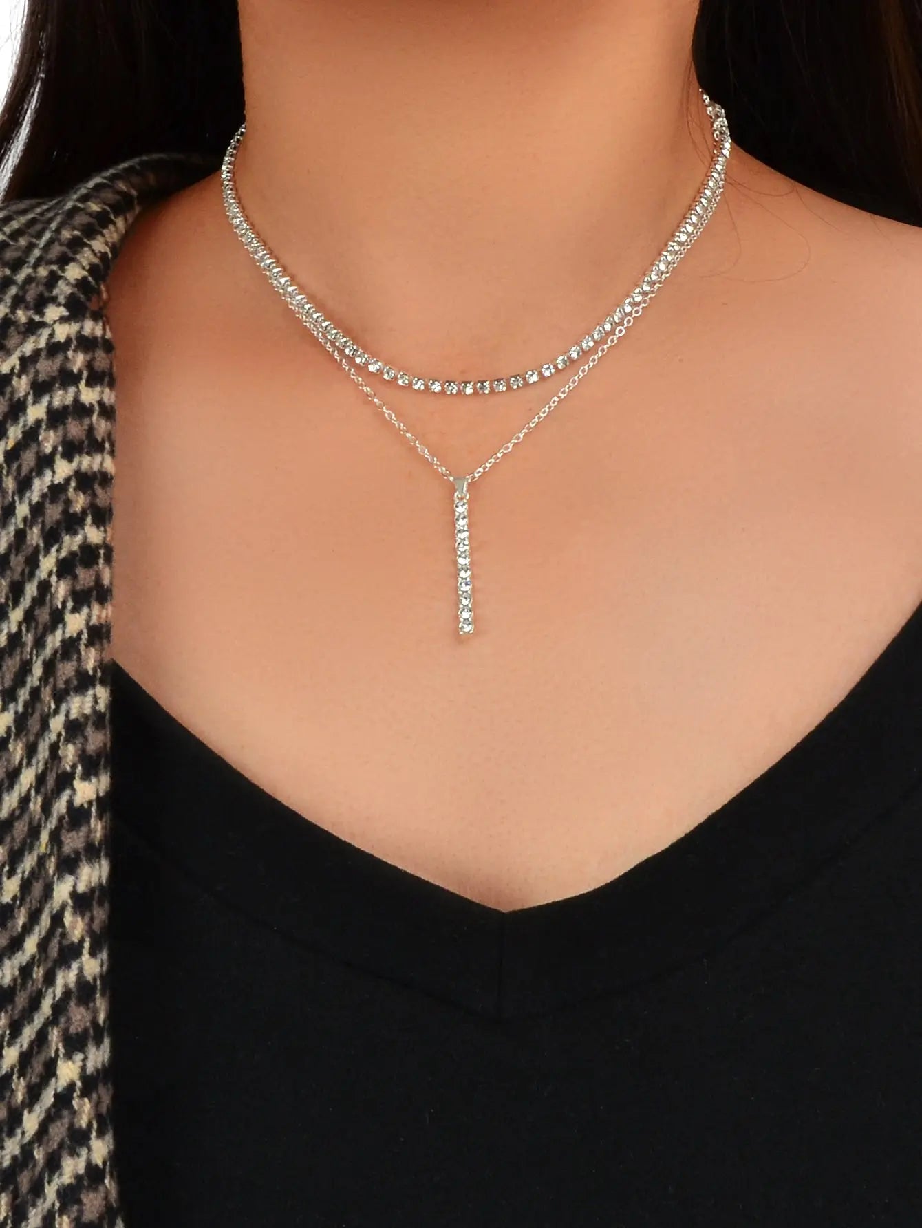 Trendy Shining Full Rhinestone Gold Silver Double layer Chain Bar Charm Necklace Feelontop Jewellery