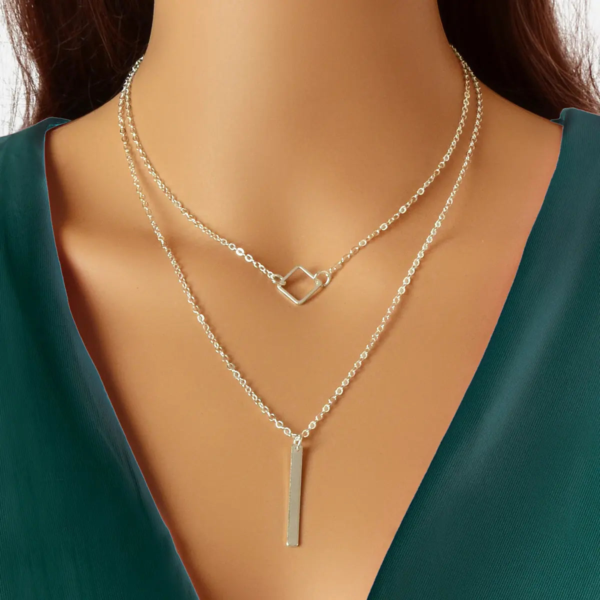 Double Layer Silver Chain Y Style Square Bar Pendant Necklace Party Accessories Feelontop Jewellery