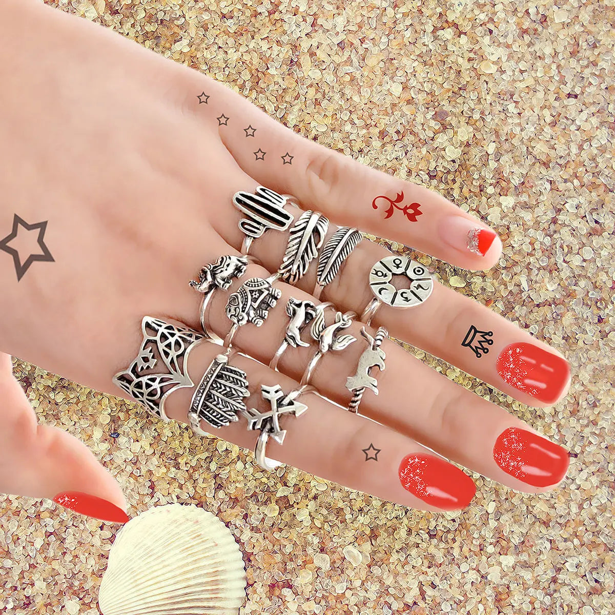 12 pcs Antique Silver Fox Bird Elephant Stackable Multiple Ring Set Jewellery Feelontop Jewellery