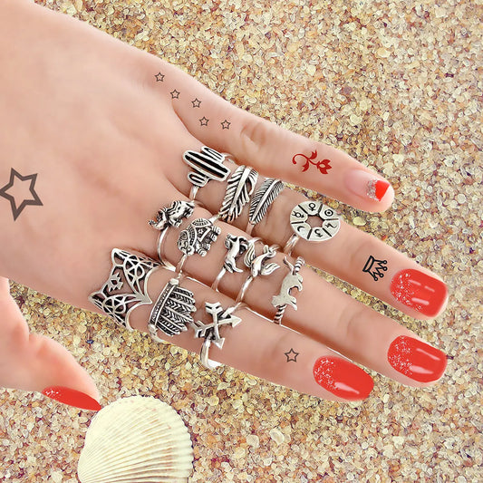 12 pcs Antique Silver Fox Bird Elephant Stackable Multiple Ring Set Jewellery Feelontop Jewellery