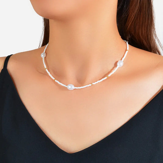 Bohemian Jewellery Handmade White Black Beads Pearl Short Choker Ethnic Necklace Feelontop Jewellery