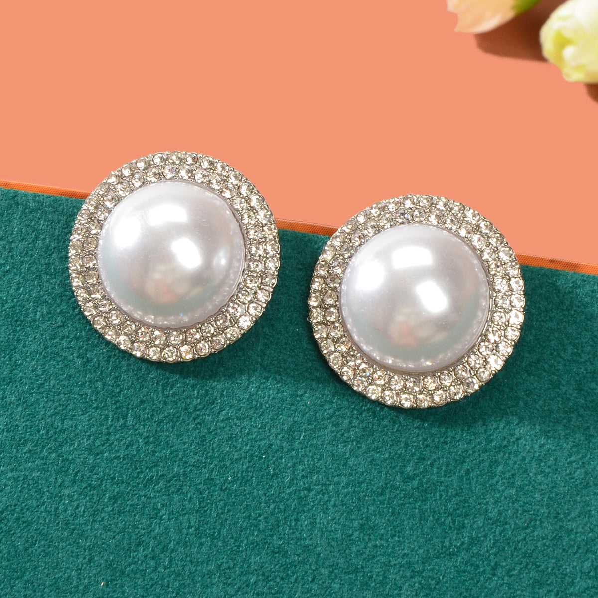 Luxurious Rhinestone Big Pearl Decor Round Stud Earrings Wedding Bridal Jewelry Feelontop Jewellery
