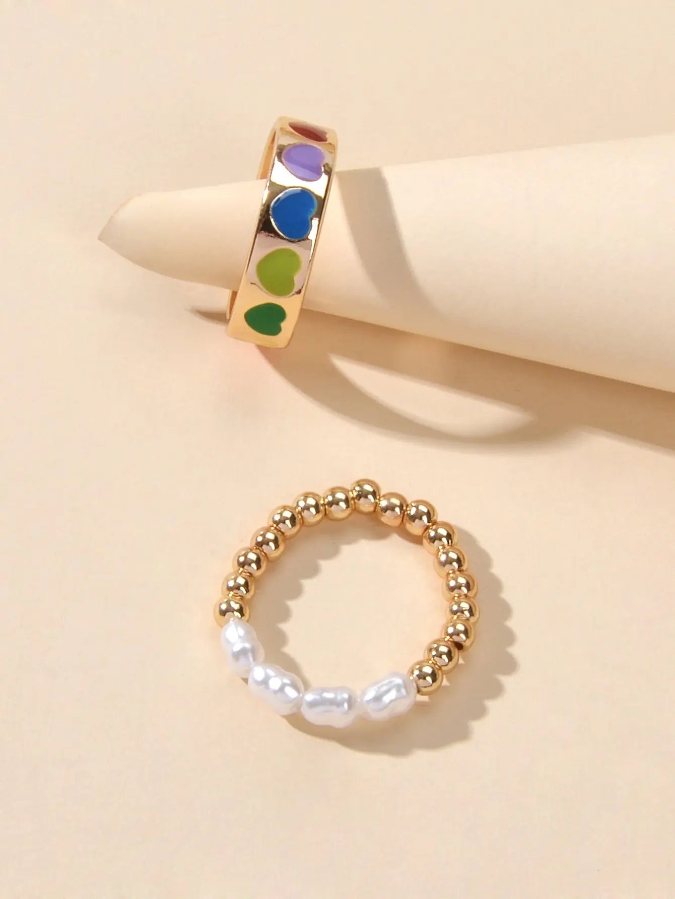 2 pcs Pearl Decor Elastic Ring Colorful Love Heart Enamel Finger Rings Jewellery Feelontop Jewellery