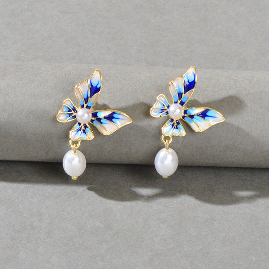Trendy Dangle Pearl Blue White Enamel Butterfly Hypoallergenic Pierced Earrings Feelontop Jewellery
