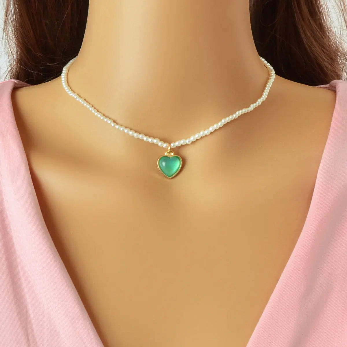 Anniversary Wedding Jewelry Pearl Beaded Chain Green Heart Charm Collar Necklace Feelontop Jewellery