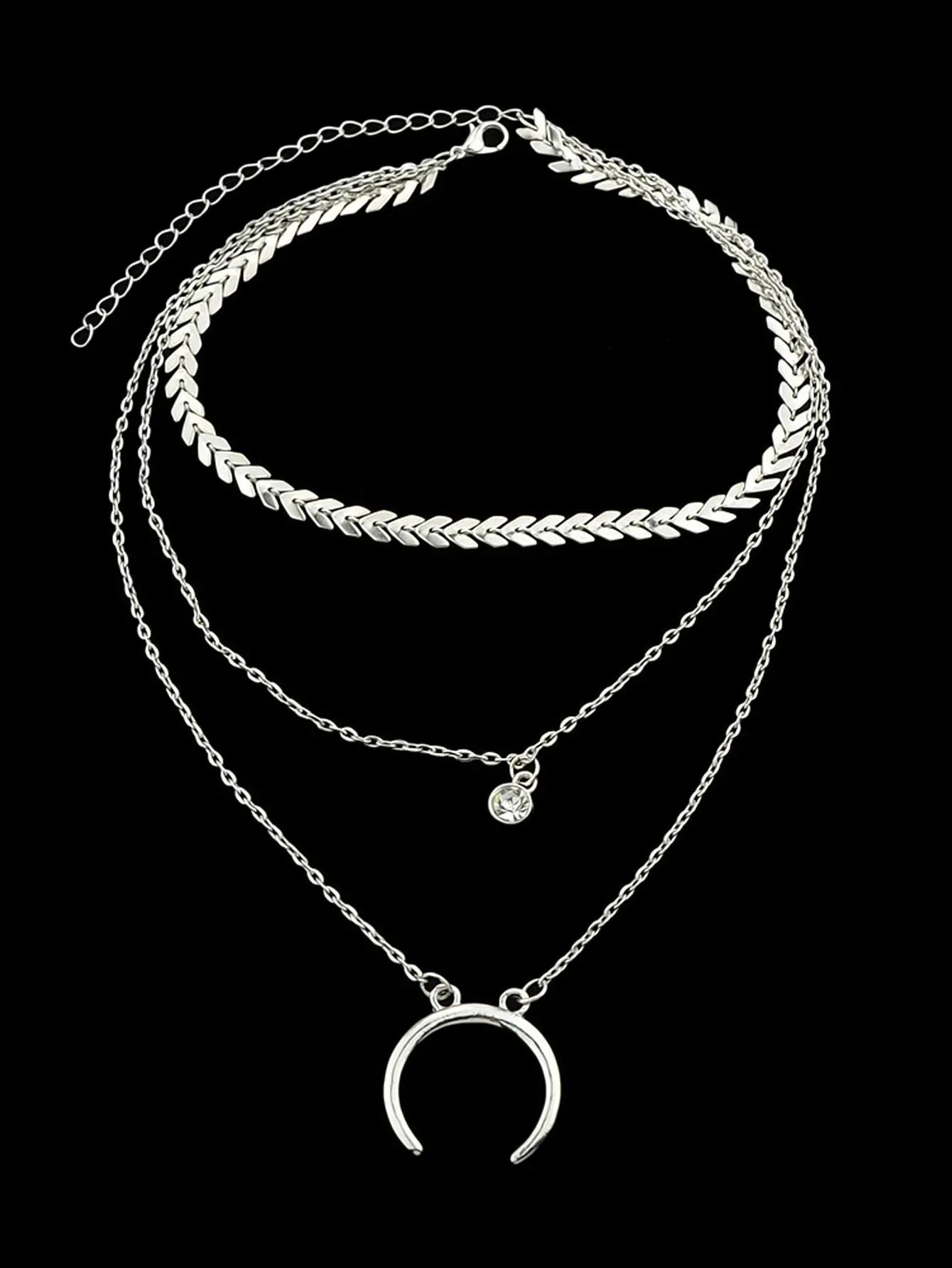 Boho Chic Jewelry Multi-layer Gold Silver Chain Rhinestone Horns Charm Necklace Feelontop Jewellery