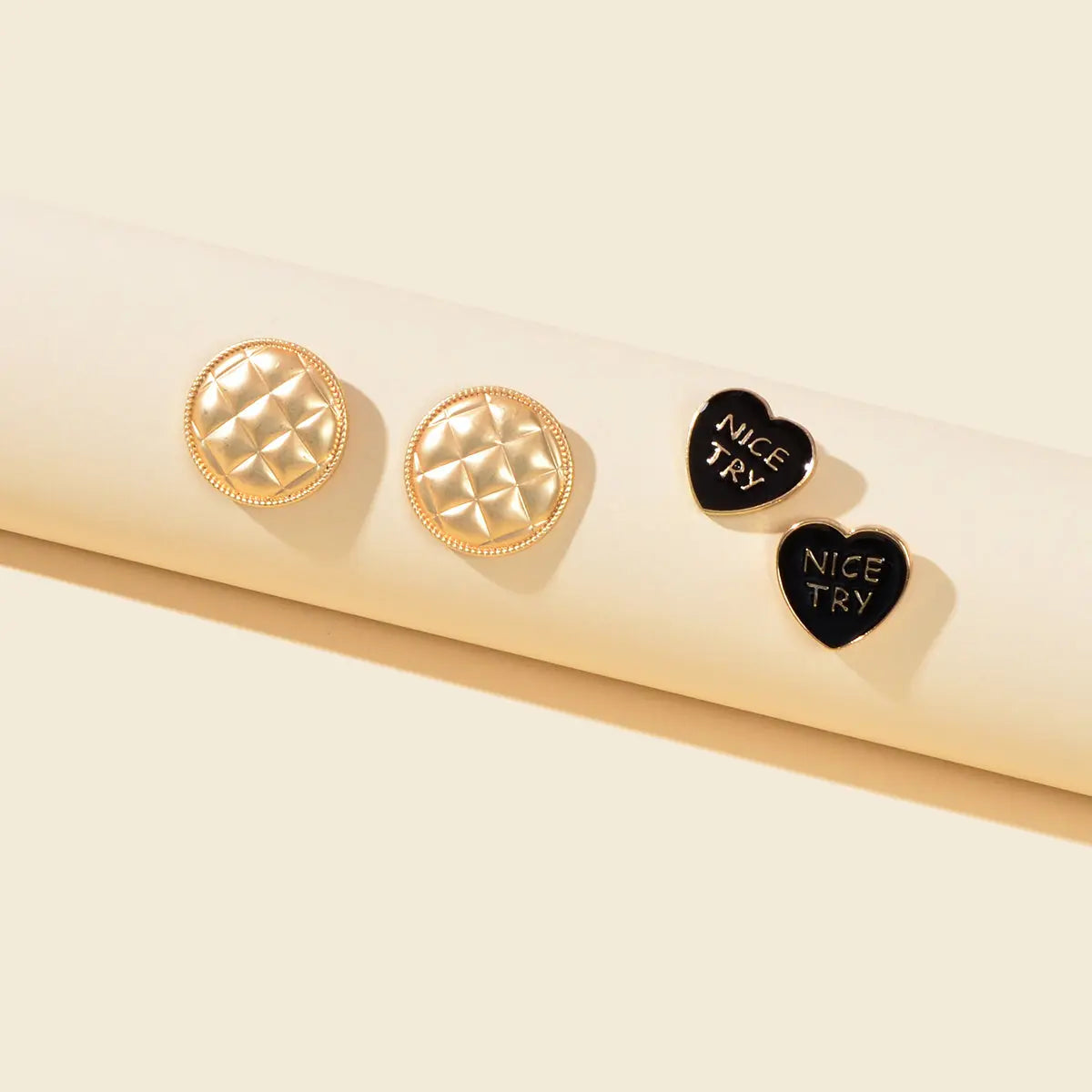 2pairs Retro Accessories Black Enamel Letters Heart Gold Round Stud Earrings Set Feelontop Jewellery
