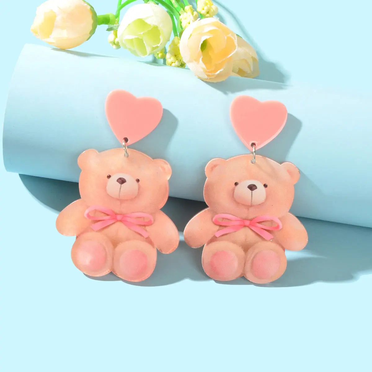 Super Sweet Pink Heart Bowknot Bear Acrylic Dangle Stud Earrings Birthday Gift Feelontop Jewellery