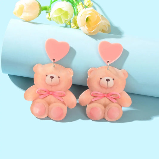 Super Sweet Pink Heart Bowknot Bear Acrylic Dangle Stud Earrings Birthday Gift Feelontop Jewellery