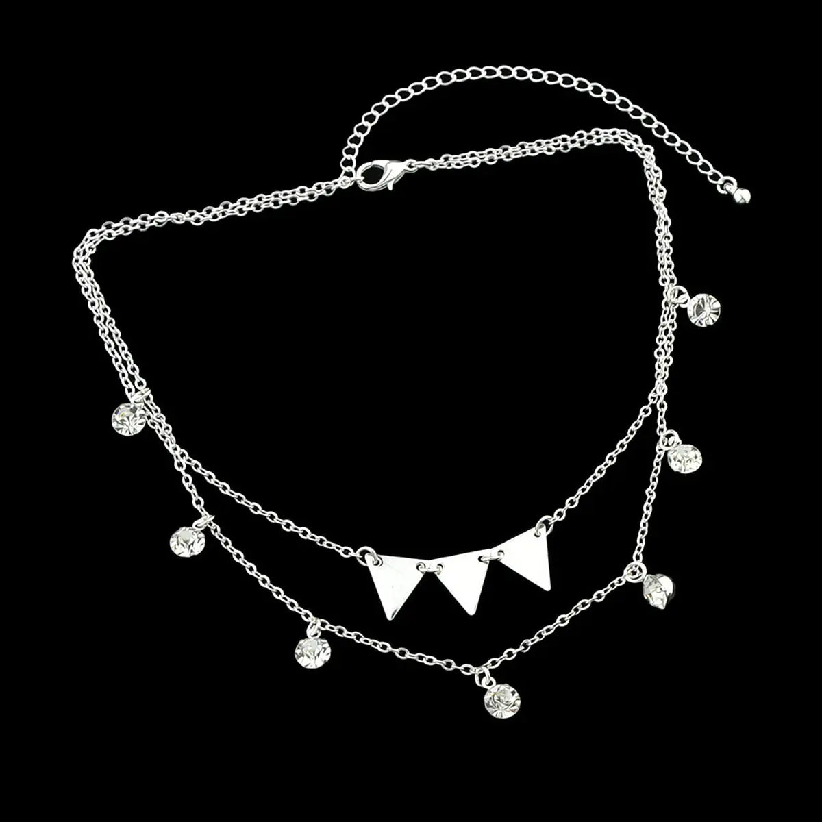 Trendy Jewellery Double layer Silver Chain Rhinestone Triangle Pendant Necklace Feelontop Jewellery