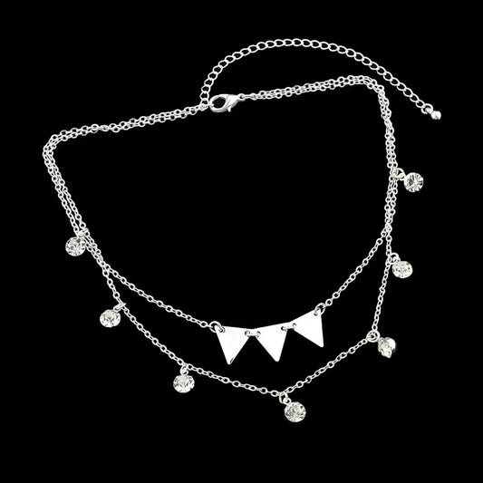 Trendy Jewellery Double layer Silver Chain Rhinestone Triangle Pendant Necklace Feelontop Jewellery