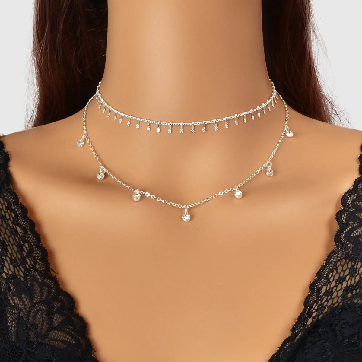 2 pcs Rhinestone Charm Layering Chain Necklace Personalized Women Choker Feelontop Jewellery