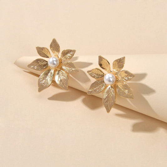 Fashion Pearl Decoration Gold Silver Leaf Hypoallergenic Stud Pierced Earrings Feelontop Jewellery