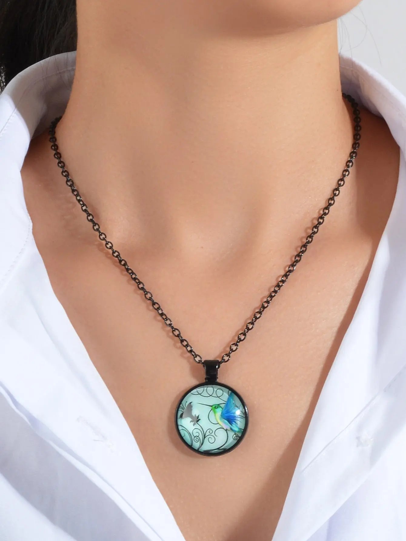 Vintage Retro Jewelry Black Chain Bird Pattern Round Charm Necklace Accessories Feelontop Jewellery