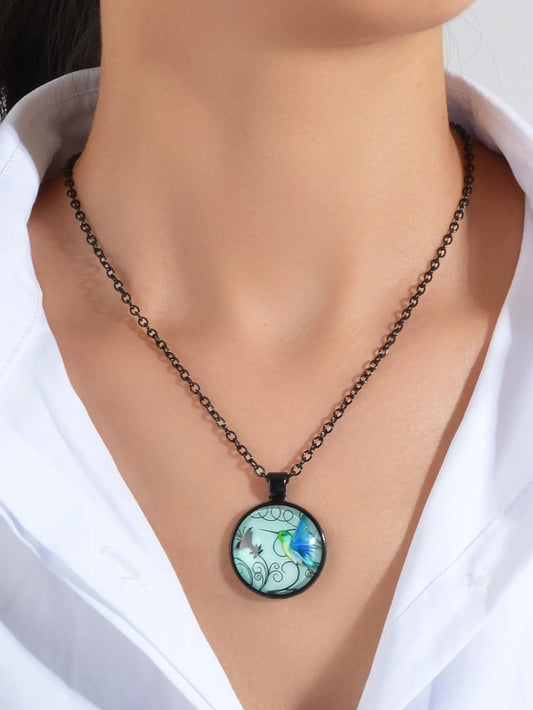 Vintage Retro Jewelry Black Chain Bird Pattern Round Charm Necklace Accessories Feelontop Jewellery