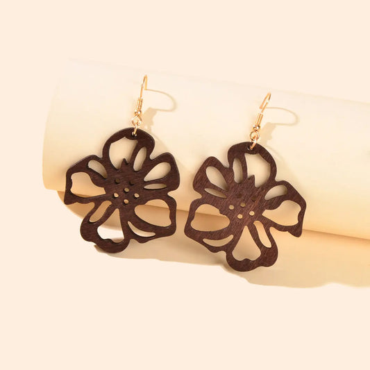 Ethnic Brown African Natural Wooden Hollow Flower Dangle Bohemian Charm Earrings Feelontop Jewellery