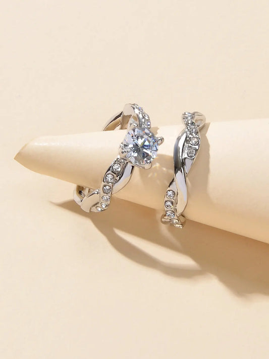 2pcs Luxury Women Band Simulated Diamond Silver Finger Wedding Engagement Ring Feelontop Jewellery