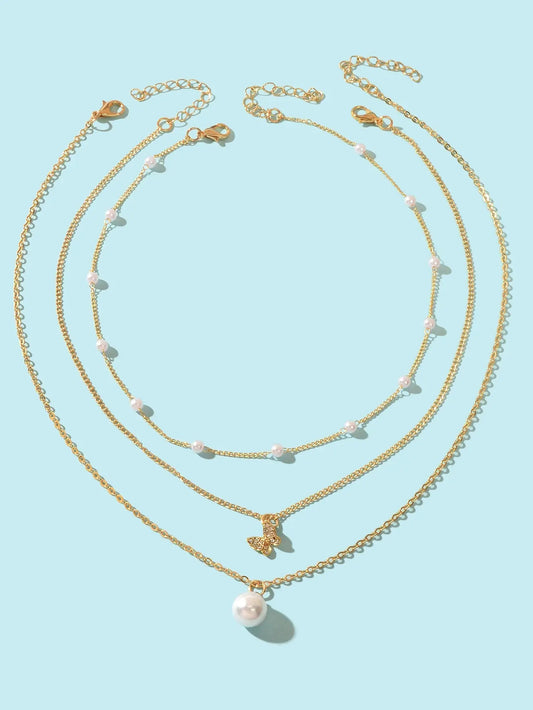 3 pcs Exquisite Pearl Rhinestone Gold Chain Layered Butterfly Pendant Necklace Feelontop Jewellery