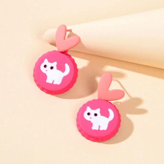 Cute Funny Hotpink Heart Cat Capsule Stud Earrings Y2k Style Girl Jewellery Gift Feelontop Jewellery