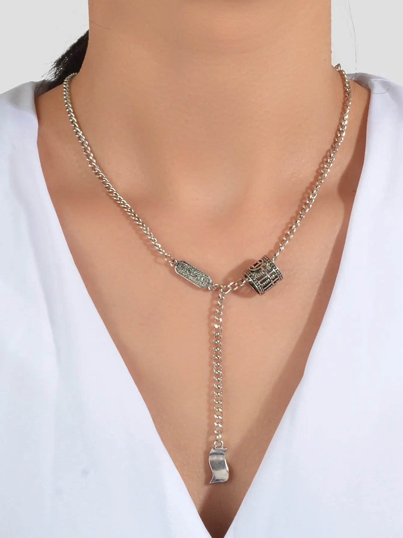 Vintage Designer Stylish Jewelry Antique Silver Carved Circle Y Pendant Necklace Feelontop Jewellery