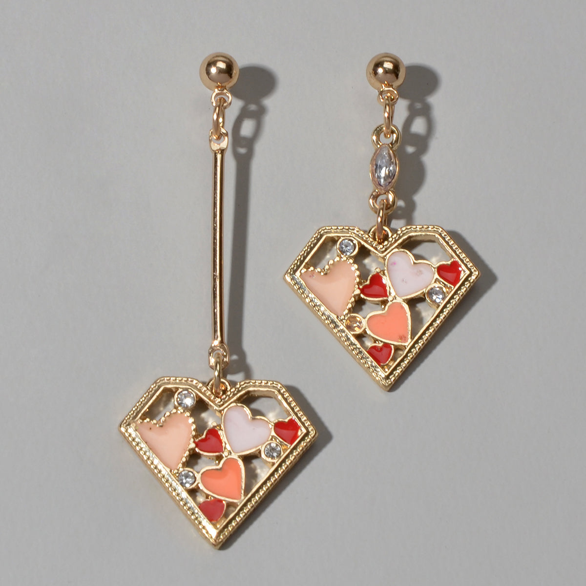 Valentine's Day Gift Rhinestone Decor Multi-colored Heart Asymmetric Earrings Feelontop Jewellery