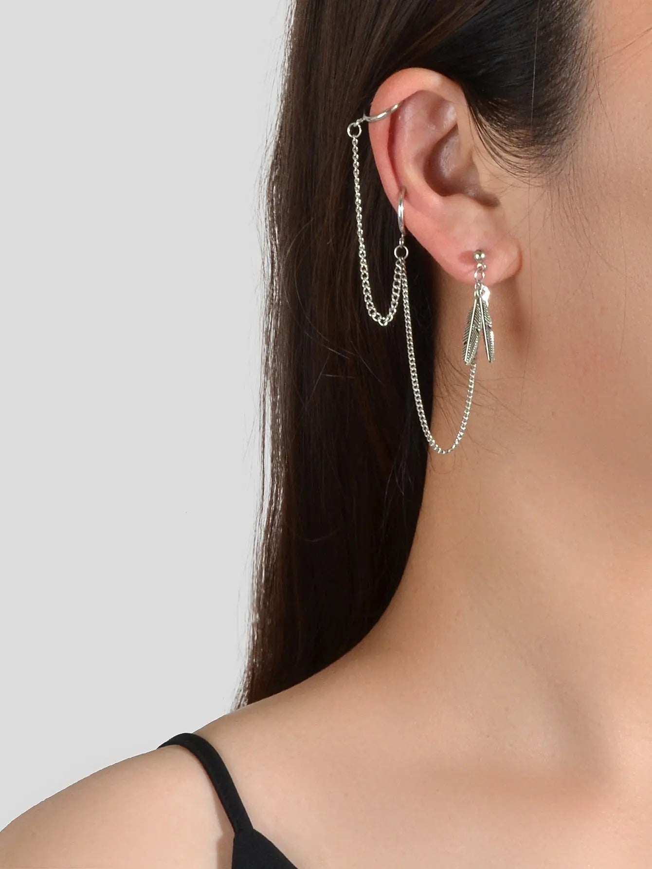 Cartilage Jewellery 1pc Tribal Antique Feather Long Chain Ear Cuff Stud Earrings Feelontop Jewellery