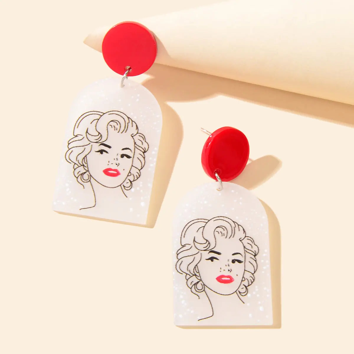 White Red Acrylic Geometric Portrait Pattern Lightweight Earrings Party Jewelry Feelontop Jewellery