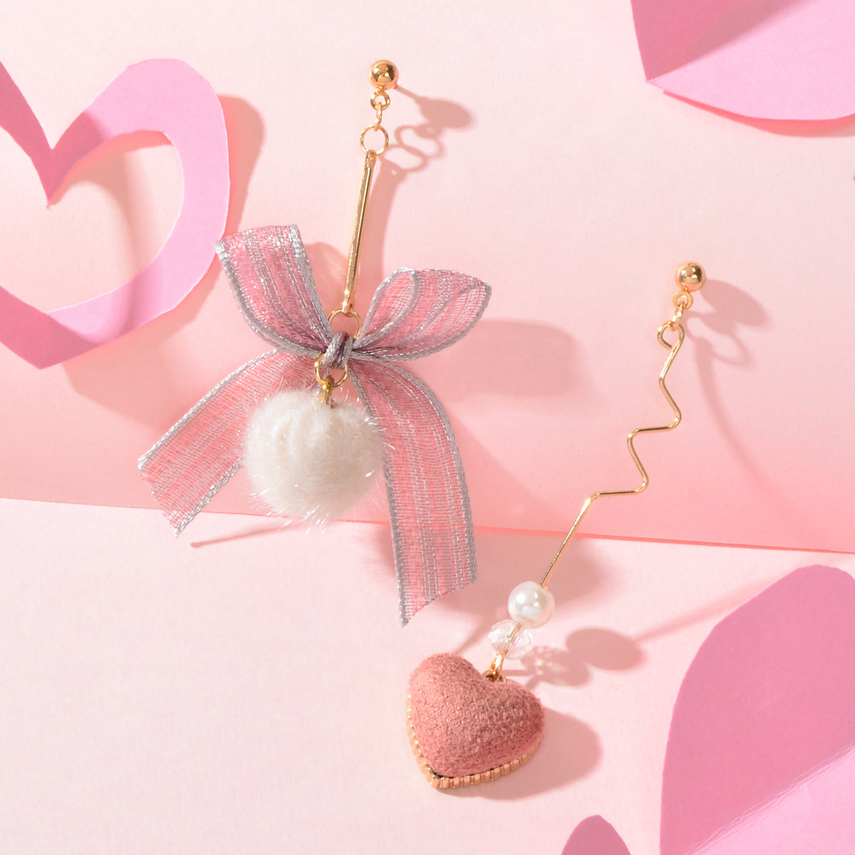 Valentine's Day Gift Bow Tie Pink Heart White Pom Pom Ball Asymmetrical Earrings Feelontop Jewellery