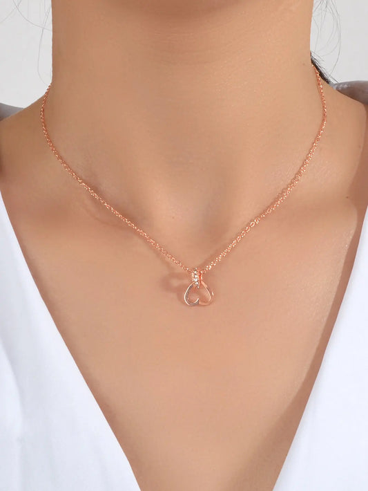 Wedding Engagement Jewelry Rose Gold Chain Rhinestone Circle Heart Charm Necklace Feelontop Jewellery