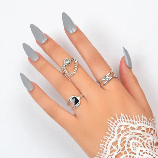 3 pcs Punk Silver Hollow Carved with Chain Statement Stacking Knuckle Rings set Feelontop Jewellery