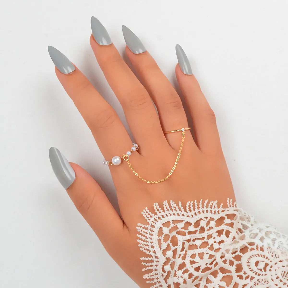 Pearl Punk Stackable Knuckle Chain Tassel Double Finger Midi Rings Feelontop Jewellery