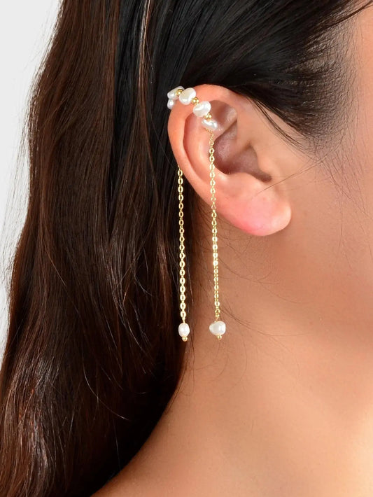 1 pc Fashion Pearl Long Gold Chain Ear Cuff Cartilage Dangle Earrings Accessory Feelontop Jewellery