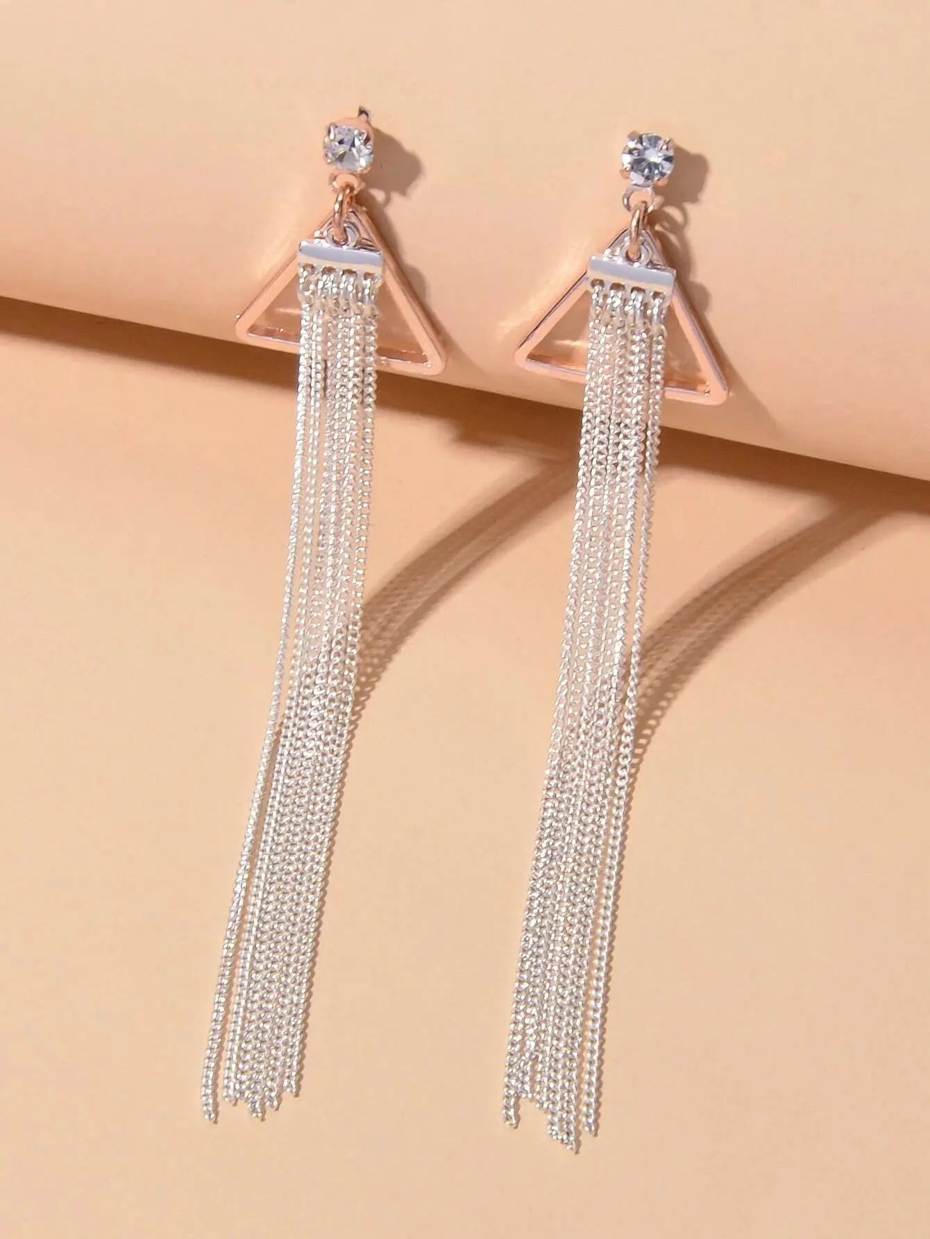 Rhinestone Triangle Silver Tassel Long Chain Drop Dangle Party Stud Earrings Feelontop Jewellery