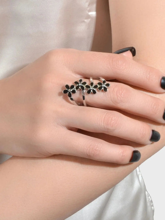 Elegant Jewelry Green Black Enamel Flower Finger Ring Wedding Band Comfort Ring Feelontop Jewellery