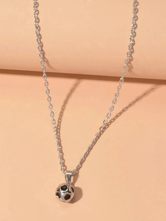 Silver Chain Black Enamel Football Pendant Necklace Soccer Ball Charm Collar Feelontop Jewellery