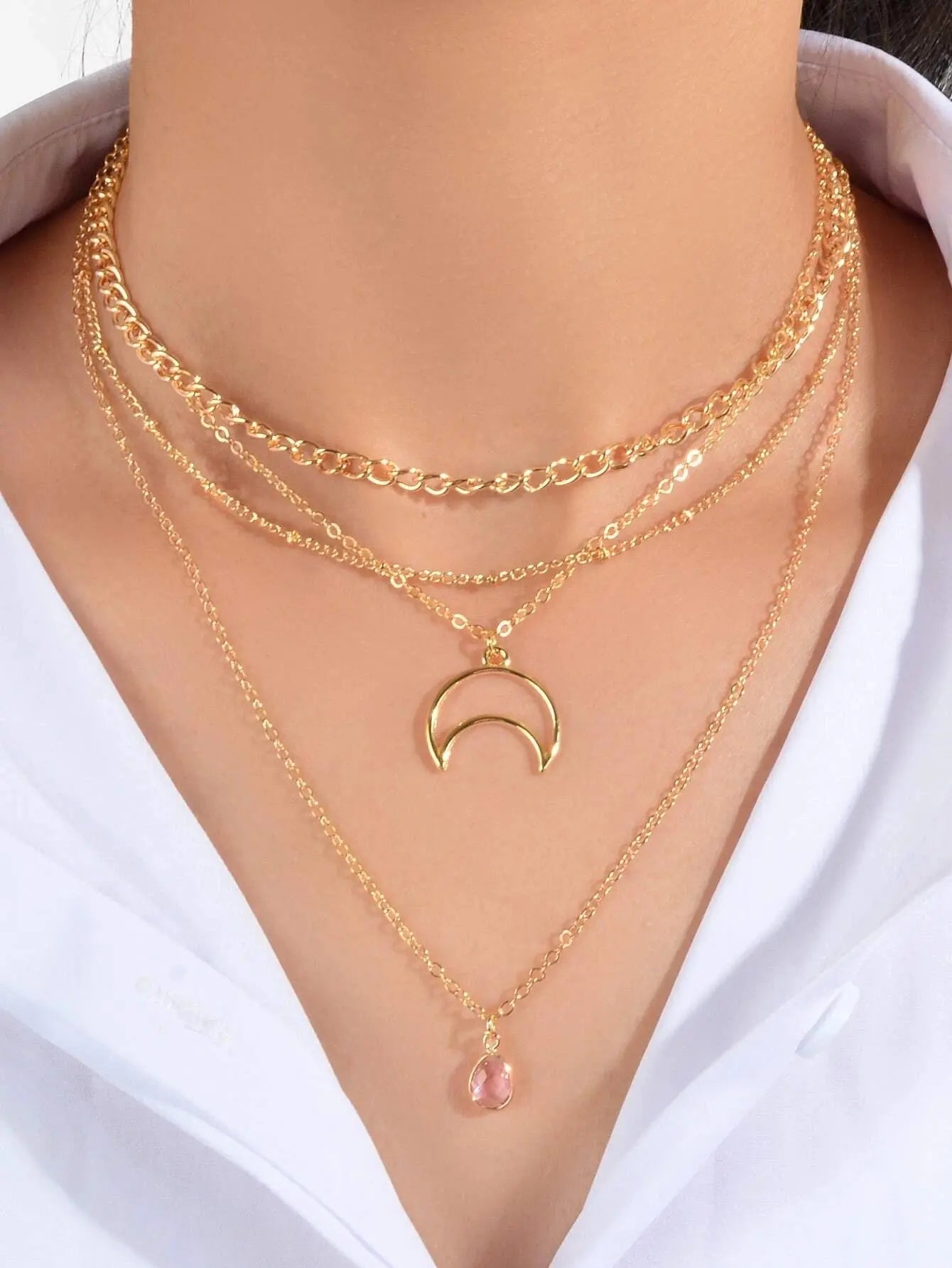 Multi-layer Gold Tone Chain Moon Water Drop Pendant Necklace Girls Party Jewelry Feelontop Jewellery