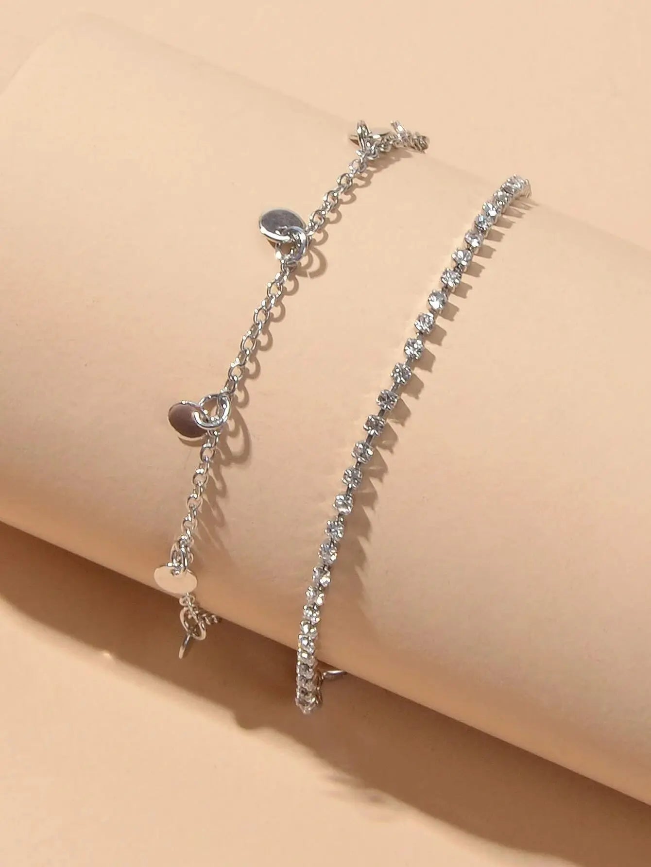 2pcs Women Rhinestone Gold Silver Chain Disc Charm Bracelet Fashion Accessories Feelontop Jewellery