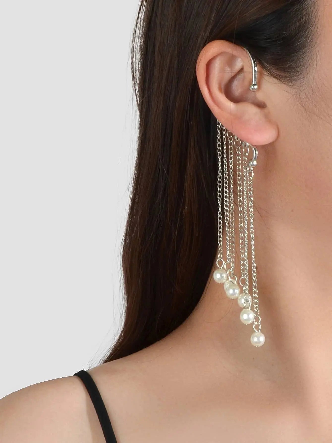 1 pc Fashion Pearl Silver Long Chain Tassel Big Ear Cuff Statement Earrings Feelontop Jewellery
