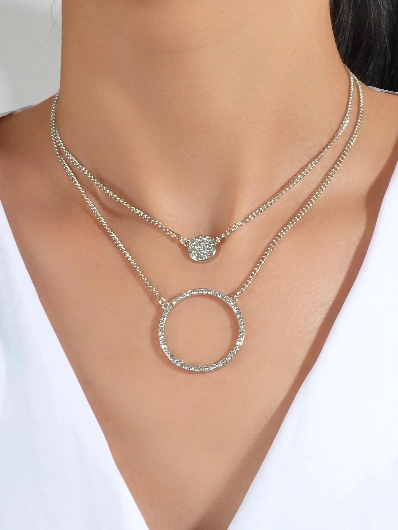 2 pcs Gold Silver Chain Rhinestone Round Circle Pendant Necklace Jewellery Gift Feelontop Jewellery