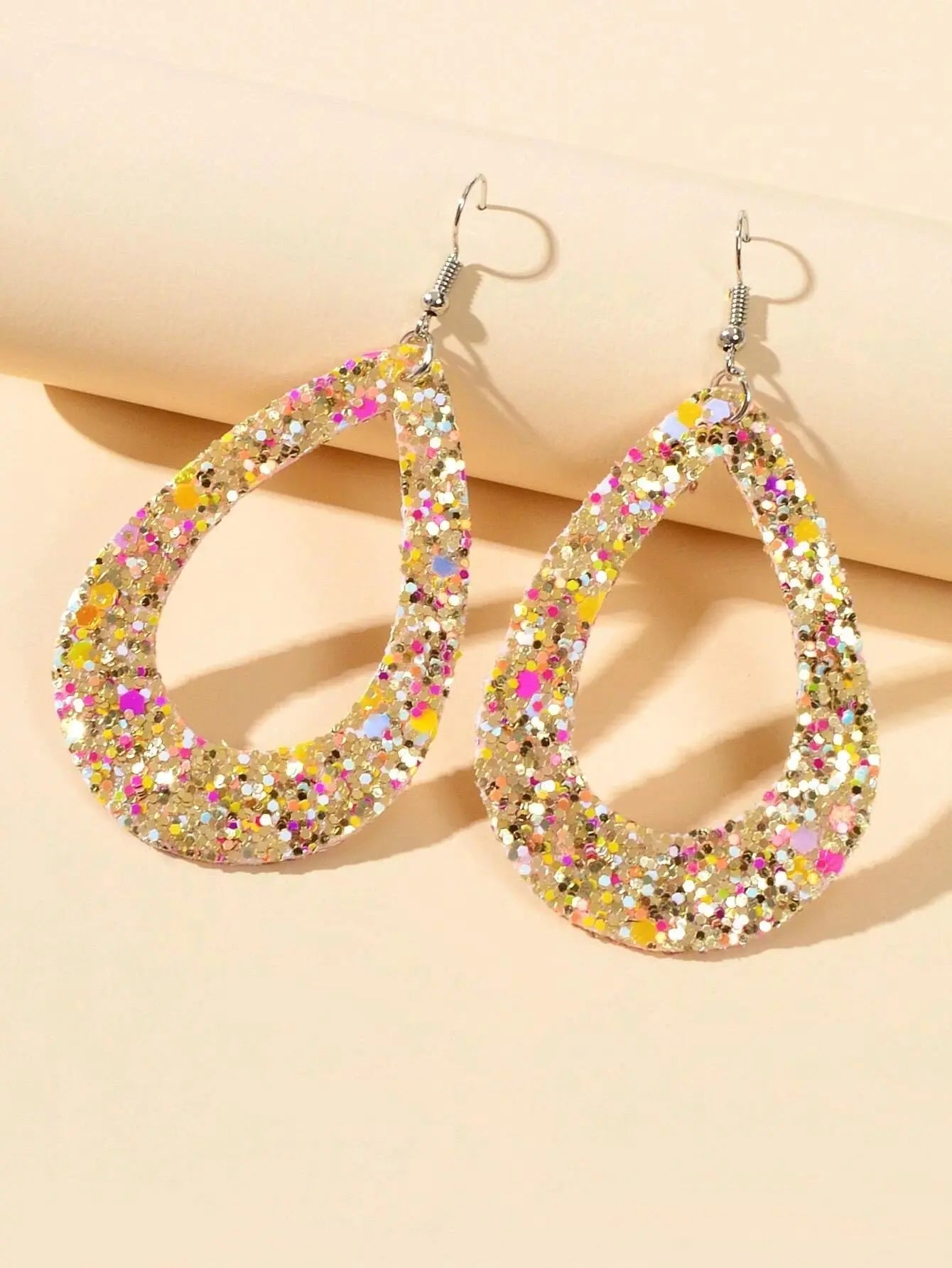 Boho Chic Gold Black Leather Shining Sequins Water Drop Big Dangle Earrings Gift Feelontop Jewellery