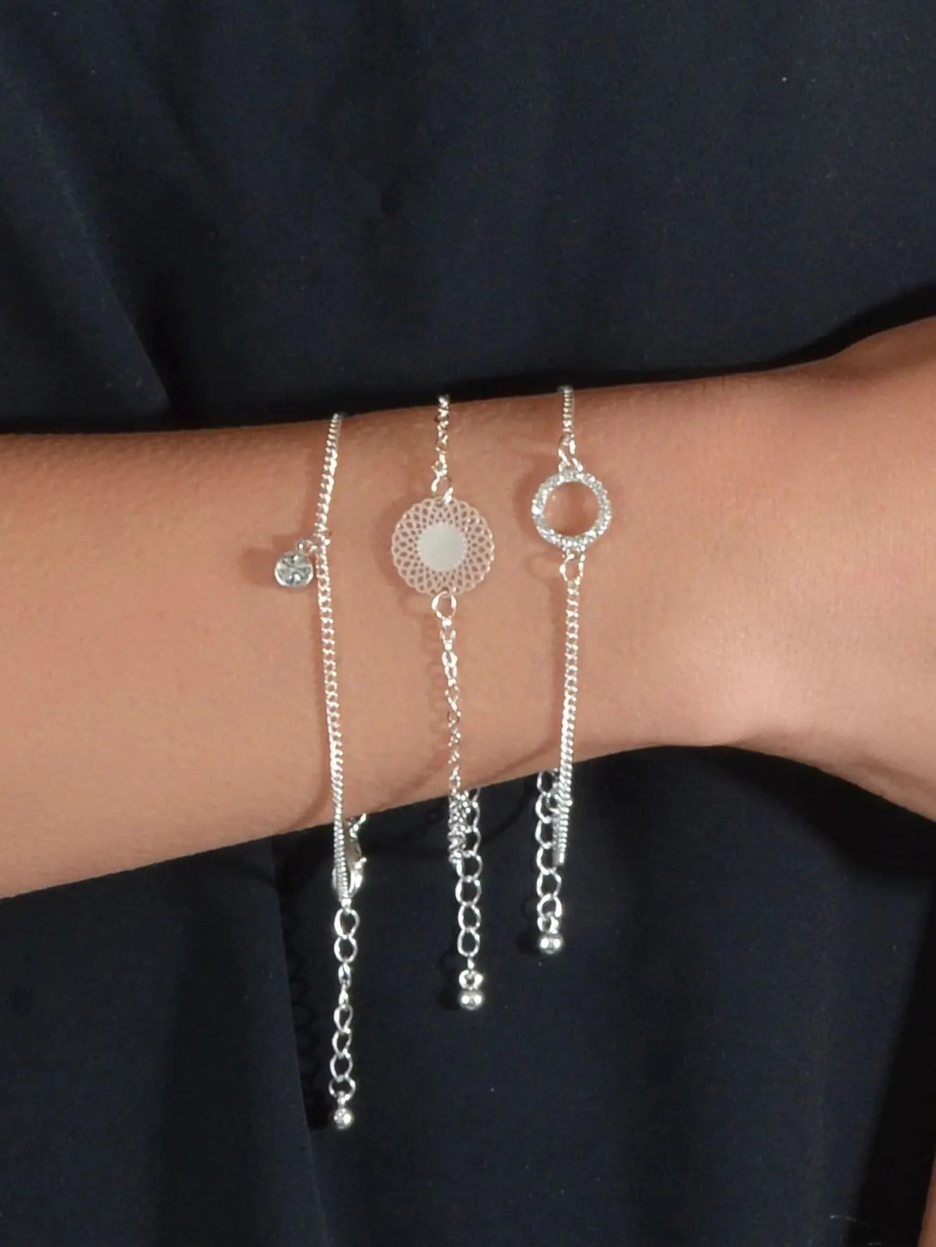3 pcs/set Fashion Jewellery Silver Chain Rhinestone Circle Charm Bracelet Gift Feelontop Jewellery