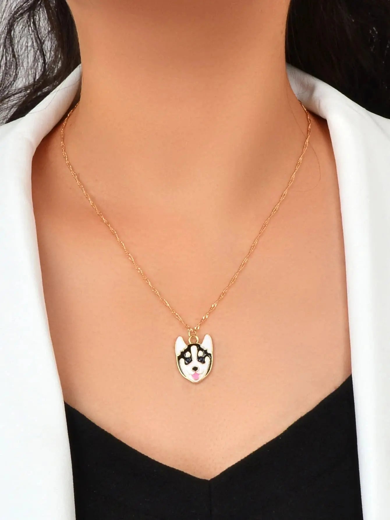 Cartoon Designer Jewelry Gold Link Chain White Black Enamel Dog Pendant Necklace Feelontop Jewellery