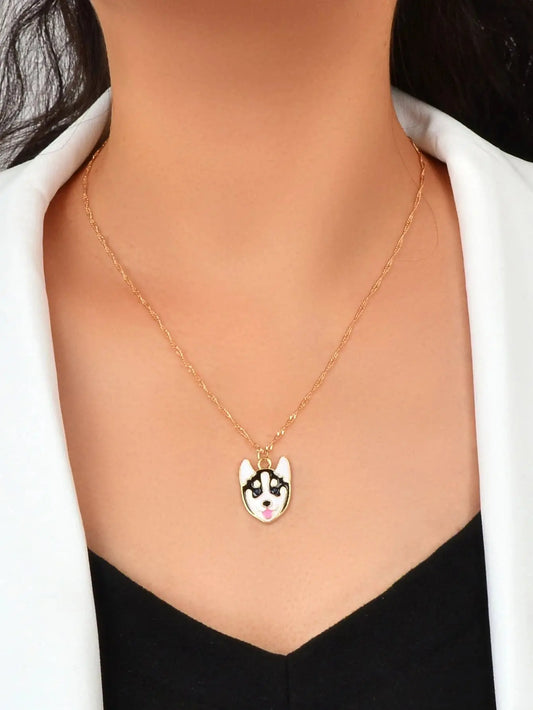 Cartoon Designer Jewelry Gold Link Chain White Black Enamel Dog Pendant Necklace Feelontop Jewellery
