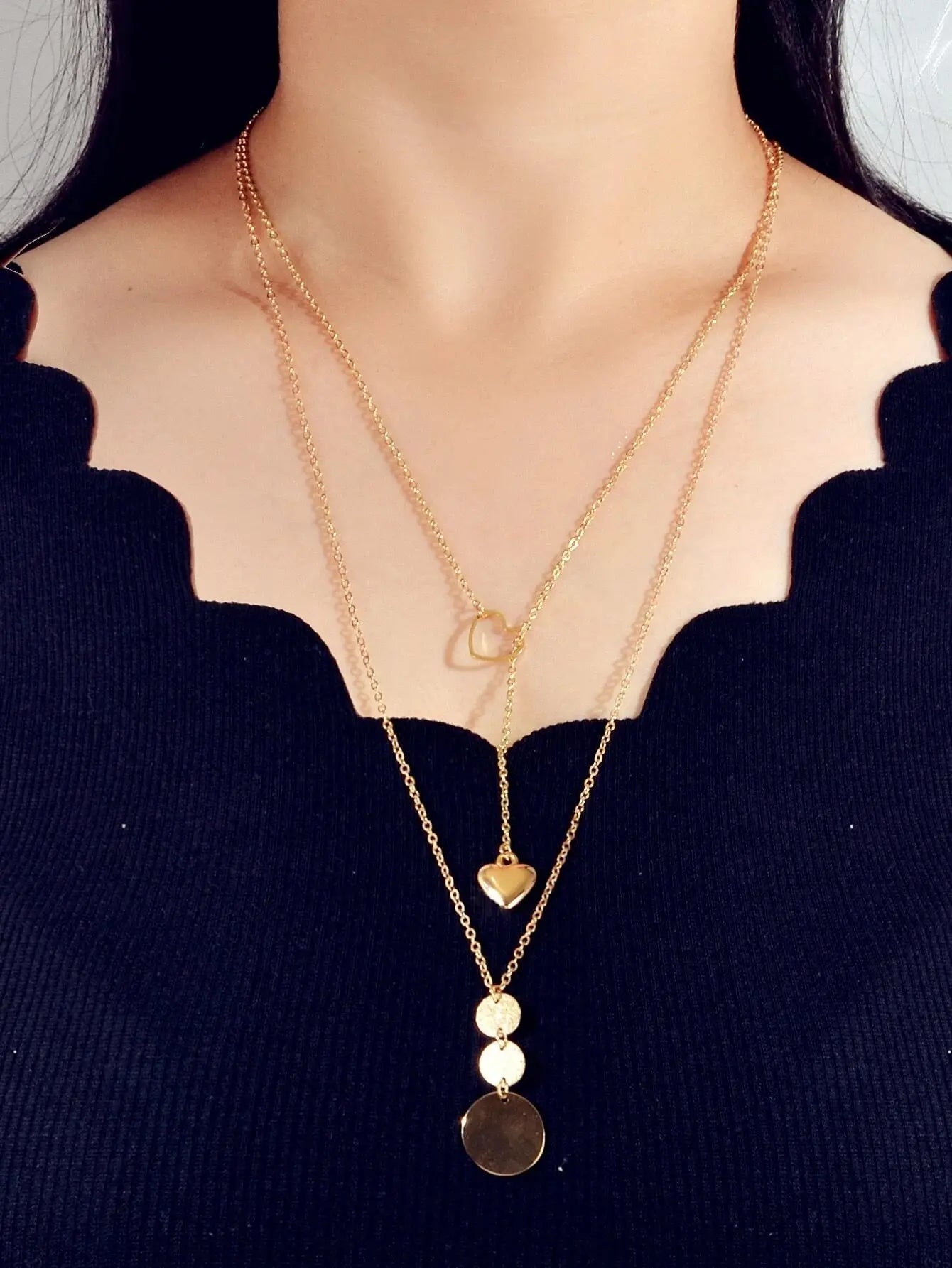 2 pcs Gold Chain Round Disc Love Heart Pendant Necklace Double Collar Women Gift Feelontop Jewellery